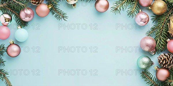 Christmas flatlay with blue, gold and pink colored tree baubles with fir branches on pastel background with copy space.. Generative Ai, AI generated