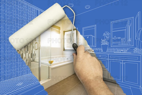 Before and after of man painting roller to reveal newly remodeled master bathroom under blueprint drawing plans