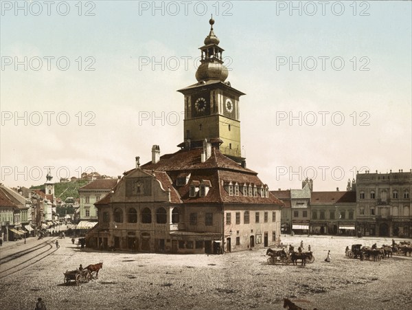 Piata Sfatului, the market square and the town hall of Brasov, Brasov, Transylvania, Romania, 1890, Historical, digitally restored reproduction from a 19th century original, Record date not stated, Europe