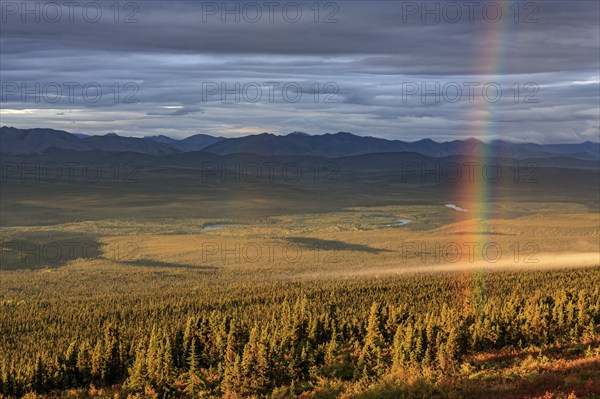 Morning light, clouds, fog, autumnal tundra, autumn colours, wilderness, rainbow, mountain landscape, Ogilvie Mountains, Dempster Highway, Yukon, Canada, North America