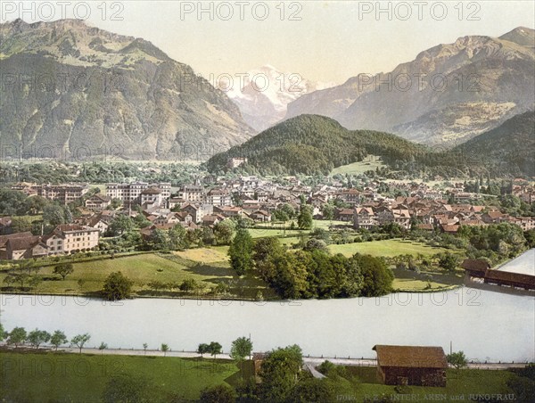 Interlaken and the Jungfrau, Aare River in foreground, Bernese Oberland, Switzerland, Historic, digitally restored reproduction from a 19th century original, Record date not stated, Interlaken and the Jungfrau, Aare River in foreground, Bernese Oberland, Switzerland, Historic, digitally restored reproduction from a 19th century original, Record date not stated, Europe