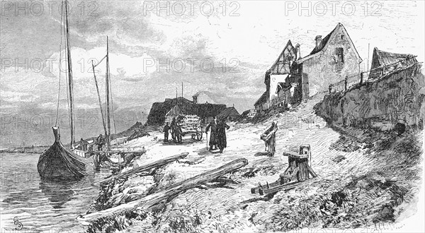 Village on the river Nogat, Poland, village, rural, riverbank, footbridge, wooden barge, transport, wooden wagon, people, building, historical illustration 1880, Europe