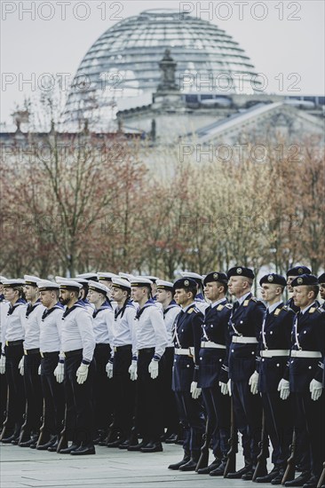 Navy and Air Force soldiers of the guard battalion, photographed during a reception with military honours at the Federal Chancellery in Berlin, 12.03.2024