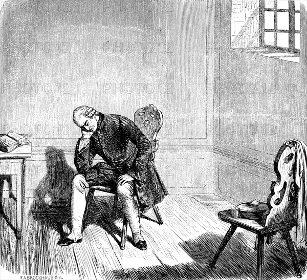 After his escape, the crown prince in prison in Küstrin, room, chairs, table, barred window, sitting, falling, sadness, thoughtful, dismayed, desperate, Prussian history, Poland, historical illustration 1882, Europe