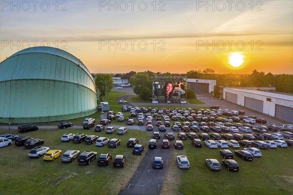 Drive-in cinema at Essen/Mülheim Airport Motor Movies, temporary film screening, at the WDL airship hangar, event in compliance with contact restrictions, effects of the corona crisis in Essen, Mülheim Germany