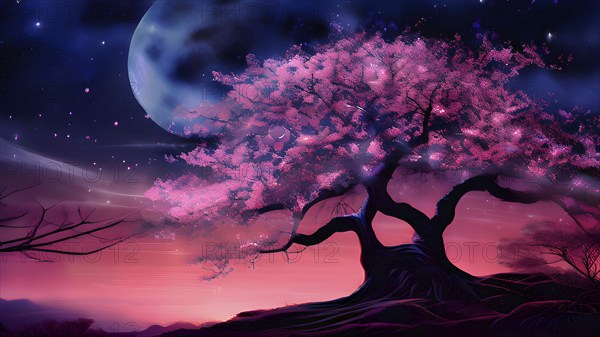 Sakura tree blossoming with pink petals and branches reaching towards a star studded night sky, AI generated