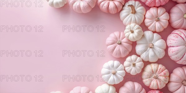 Banner with pink and white pumpkins on side of pastel pink background with copy space. Generative Ai, AI generated