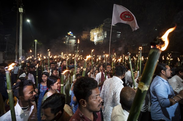 Members of the All Assam Students' Union (AASU) take part in a flaming torch rally and shout slogans to protest against the implementation of the Citizenship Amendment Act (CAA), on March 12, 2024 in Guwahati, Assam, India. The Citizenship Amendment Act (CAA), passed by the Indian Parliament in 2019, indeed grants expedited citizenship to specific religious minorities from Afghanistan, Bangladesh, and Pakistan who arrived in India on or before December 31, 2014. These religious minorities include Hindus, Sikhs, Buddhists, Jains, Parsis, and Christians, Asia