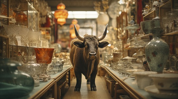 Very large bull with horns in a China shop filled with glassware. generative AI, AI generated