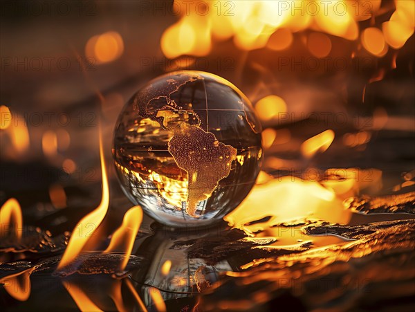 Burning globe, a concept of climate change, global warming and wildfires raging on earth, AI generated