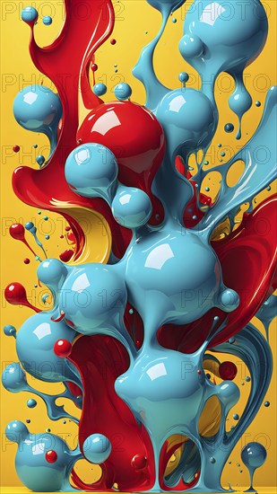 Abstract image with vibrant blue and red blobs and liquid shapes on a yellow background, AI generated