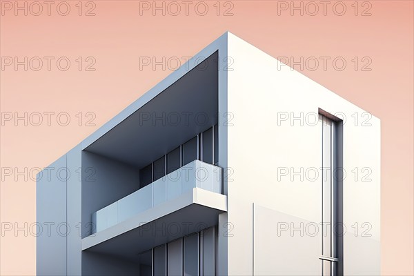 Minimalist architectural composition of modern buildings, with clean angles, rendered in geometric forms and soft hues of grey, cream, and light blue, AI generated