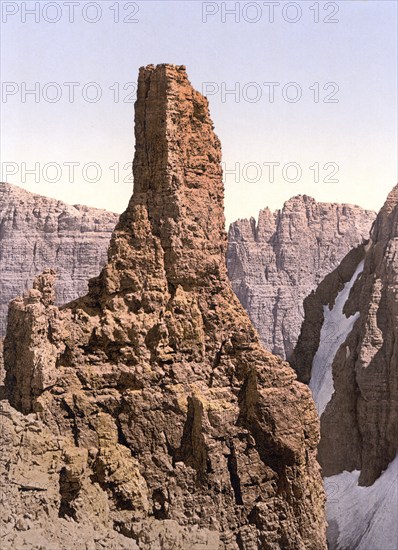 The mountain tower in the Sella Group formerly Tyrol, Austria-Hungary, today South Tyrol, Austria, Historical, digitally restored reproduction from a 19th century original, Record date not stated, Europe