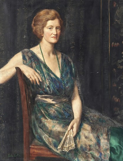 A woman in elegant dress sits in an armchair and holds a fan. portrait of a lady, thought to be Mrs Geoffrey Pynam of Guilford, Portrait of a lady, probably Mrs Geoffrey Pynam from Guilford, Painting by John Maler Collier (28 January 1850, 11 April 1934), British writer and painter, Historical, digitally restored reproduction from a 19th century original, Record date not stated