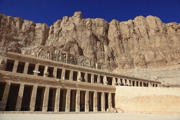 The mortuary temple of the first female pharaoh Hatshepsut, Hatshepsut Temple in Deir el-Bahari on the west bank of the Nile in Thebes, Africa, Egypt, Upper Egypt, Africa