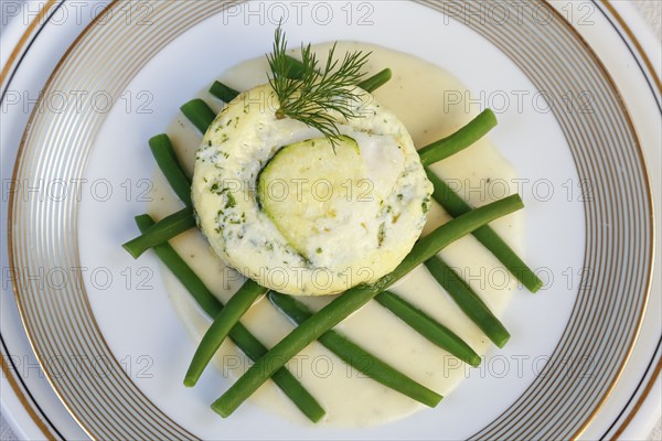 Swabian cuisine, oven-baked pike-perch on princess beans with lemon sauce, fish dish, pike-perch fillet, courgette, green beans, dill, starter, from the oven, casserole, arranged on a plate, traditional cuisine reinterpreted, food photography, studio, Germany, Europe