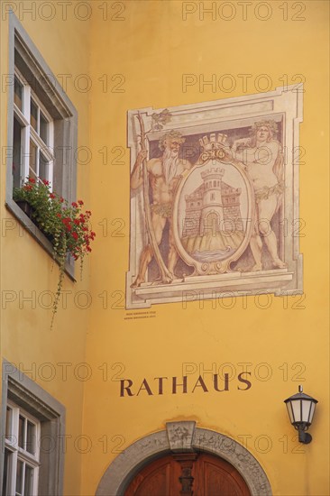 Historical wall painting with town coat of arms, mural, inscription, town hall, Meersburg, Obersee, Lake Constance, Lake Constance area, Baden-Württemberg, Germany, Europe