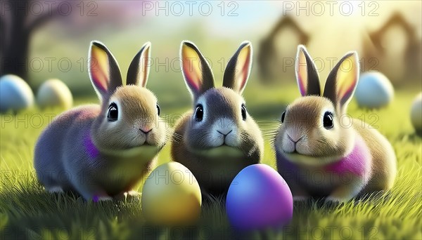 Three bunnies as Easter bunnies with colourful Easter eggs in fresh green grass, AI-generated image, AI generated