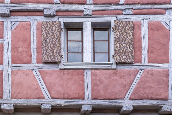 Window in a pink half-timbered house, Eguisheim, Plus beaux villages de France, Haut-Rhin, Alsace, Alsace, France, Europe