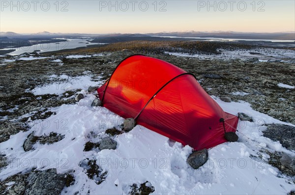 Tent in mountain landscape, Sarek National Park, World Heritage Laponia, Norrbotten, Lapland, Sweden, Sweden, Scandinavia, Europe