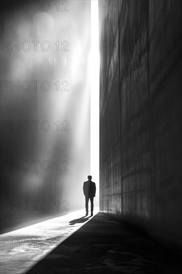 Silhouette of a man standing in a dreary hall, sunlight shining down through a gap, symbolising hope, depression, life crisis, grief, redemption, faith, psychology, AI generated, AI generated, AI generated