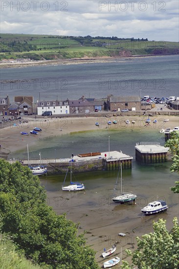 Coastal village with beach, boats and houses surrounded by green countryside, Stonehaven, Aberdeenshire, Scotland, United Kingdom, Europe