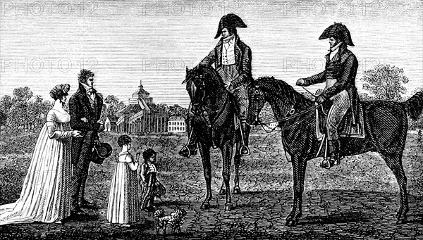 Cavaliers in a princely park, two riders, pannier and woman, noble couple, children, dog, family, walk, polite, good manners, social status, castle, park, late 18th century, Prussia, Germany, historical illustration 1882, Europe