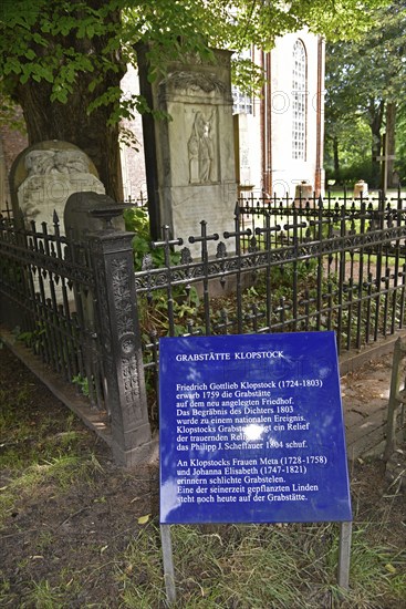 Europe, Germany, Hanseatic City of Hamburg, Altona district, Cemetery at the Christianskirche, Gravestone of Friedrich Gottlieb Klopstock, German poet, Memorial plaque, Europe