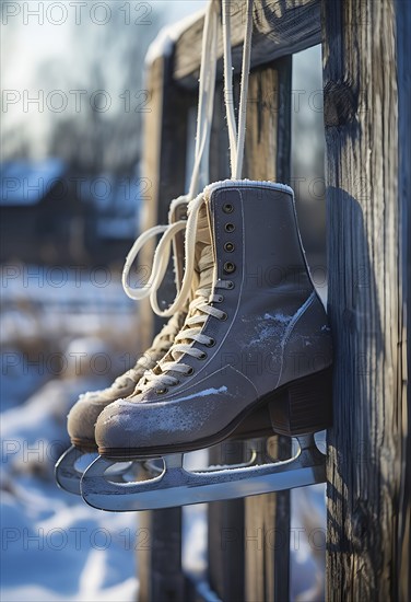 Pair of vintage ice skates hanging by their laces on an old wooden fence with frost and snow gently settled on the blades, AI generated