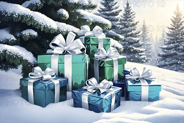 Abstract illustration of wrapped Christmas gifts, shiny ribbons and bows, stacked under a snow-dusted evergreen tree in a snowy outdoor setting, AI generated