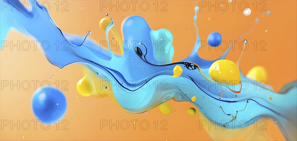 Abstract wallpaper with colorful turquoise and yellow blobs and liquid shapes on a orange background, AI generated