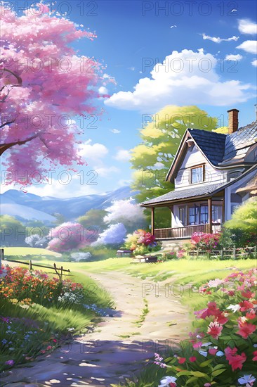 AI generated illustration of colorful countryside houses nestled in a spring or summer scenery with blooming flowers