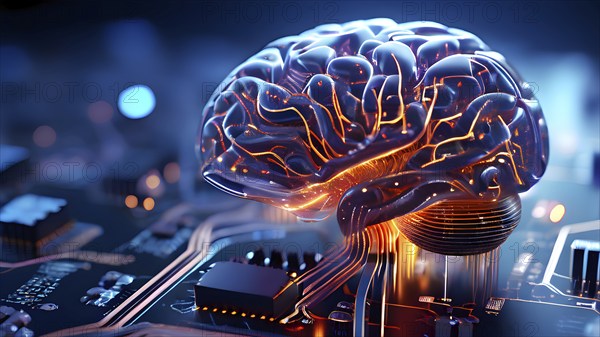 Human brain intricately interlinked with the circuits of a computer board symbolizing artificial intelligence, AI generated