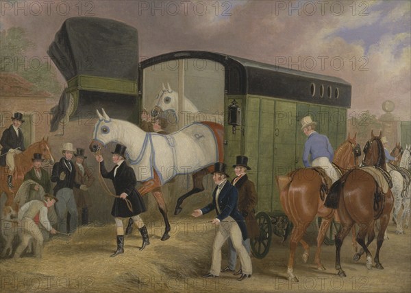 The Derby Pets, Arrival of the Racehorses, 1840, by James Pollard (1792, 1867), Historic, digitally restored reproduction from a 19th century original, Record date not stated