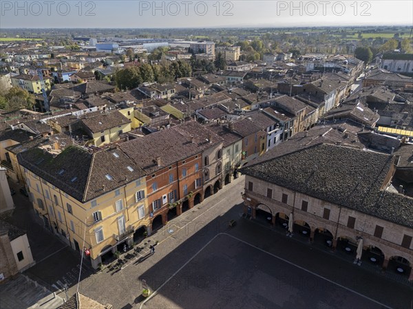 Busseto, Parma, Italy November 3rd 2024 Picturesque aerial perspective the town, a historic town in the parma province of italy, showcasing its characteristic architecture and the central piazza giuseppe verdi