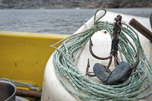 Fishing hook and line, Inuit hunter, near the Inuit settlement of Tiniteqilaaq or Tiilerilaaq, Sermilik Fjord, East Greenland, Greenland, North America