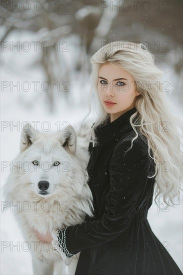 Beautiful young woman in winter coat with blond hair standing with her pet white wolf, AI generated