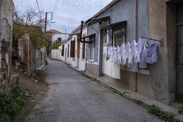 House laundry hanging on a rope and drying outdoor in the clean air saving the environment. Nicosia Cyprus