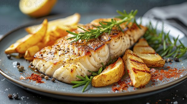 Grilled fish fillet garnished with rosemary and served with potatoes and lemon on a gray plate, AI generated