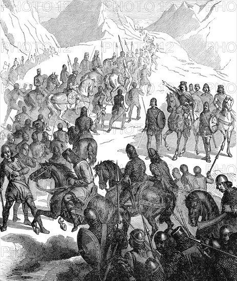 Pepin the Younger, or Pippin the Short, c. 714-768, King of the Franks, crossing the Alps with his army in 754