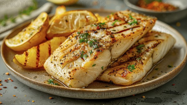 Grilled fish fillet garnished with lemon wedges and herbs on a plate, seasoned with spices, AI generated