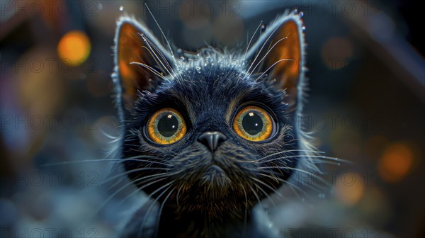 A black kitten with big orange eyes and wet fur stares at night, featuring a shiny bokeh background, AI generated