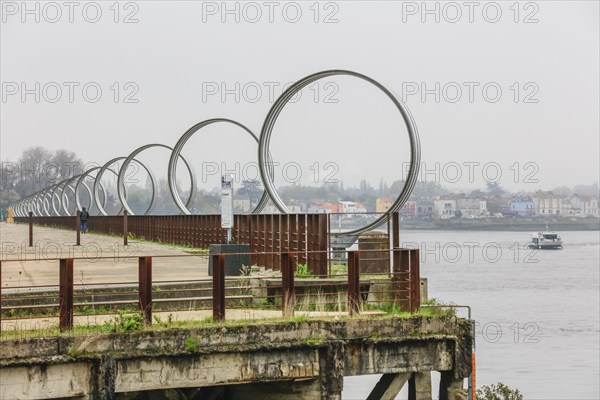 Art installation Les Anneaux de Buren, former shipyard of the Chantiers d'Atlantique on the Ile de Nantes in the Loire, Nantes, Departement Loire-Atlantique, Region Pays de la Loire, France, Europe