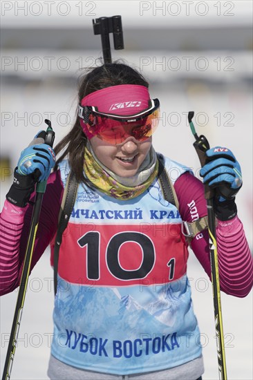 Portrait of Russian sportswoman biathlete Anastasia Ivchenko during Regional junior biathlon competitions East of Cup. Petropavlovsk City, Kamchatka Peninsula, Russian Far East, April 14, 2019