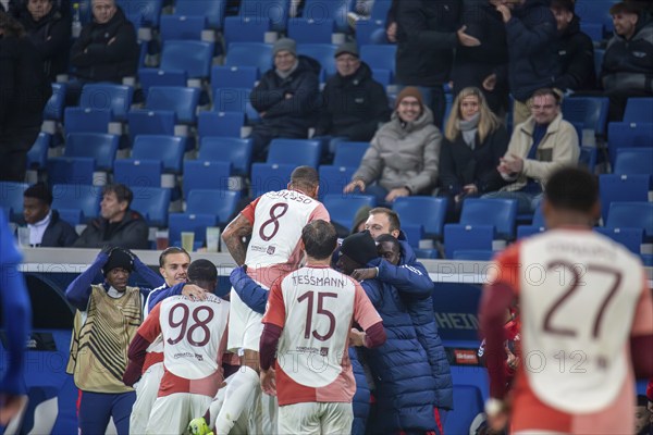 Football UEFA Europa League, 2024/25 season, matchday 4: TSG Hoffenheim v Olympique Lyon. Picture: Lyon celebrate after scoring the opening goal to make it 2-1