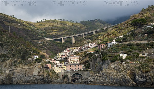 Village of Riomaggiore at the edge of a rocky cliff, Cinque Terre Liguria, Italy, Europe