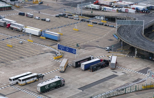 Dover, United Kingdom, September 20 2013: Trucks on Dover docks station at the harbor before the customs to tranfer goods to France, Europe