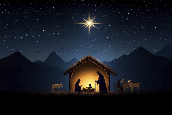 A serene depiction of the nativity scene, showing the holy family illuminated in a humble stable under a starry sky, AI generated