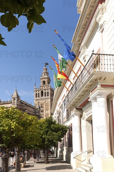 La Giralda tower of the cathedral originally built as a Moorish minaret in the twelfth century, Seville, Spain, Europe