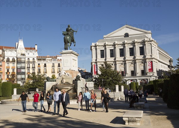 Opera House theatre, Plaza de Oriente equestrian statue King Felipe IV designed by Velazquez, Madrid, Spain, Europe